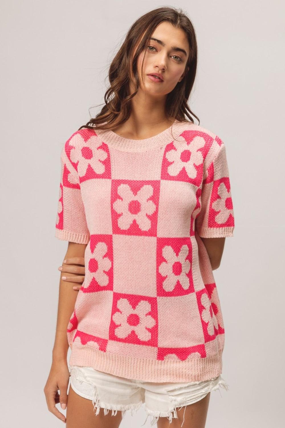 BiBi Flower Checker Pattern Short Sleeve Sweater - Divasha