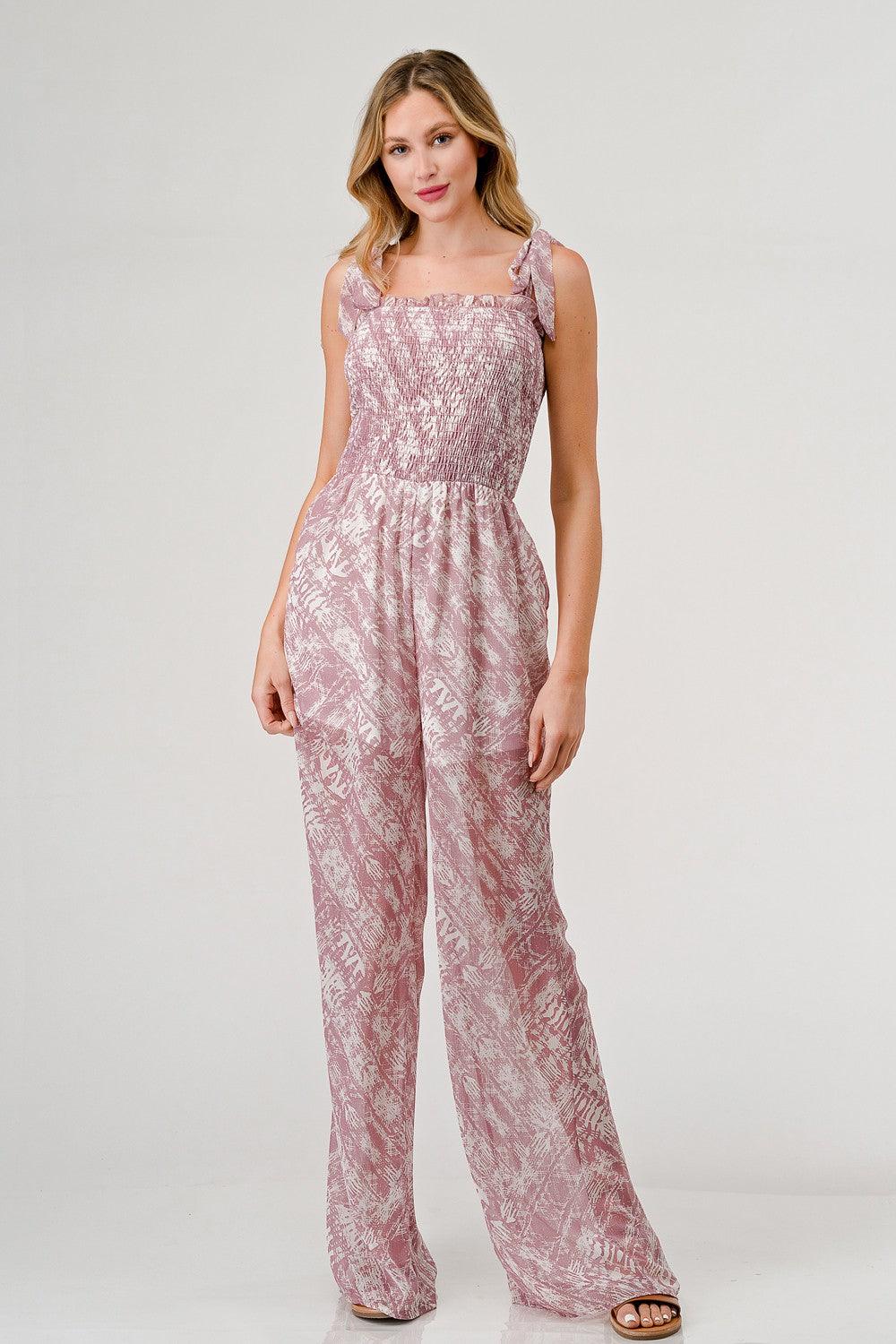 GeeGee Printed Tie Shoulder Wide Leg Jumpsuit - Divasha