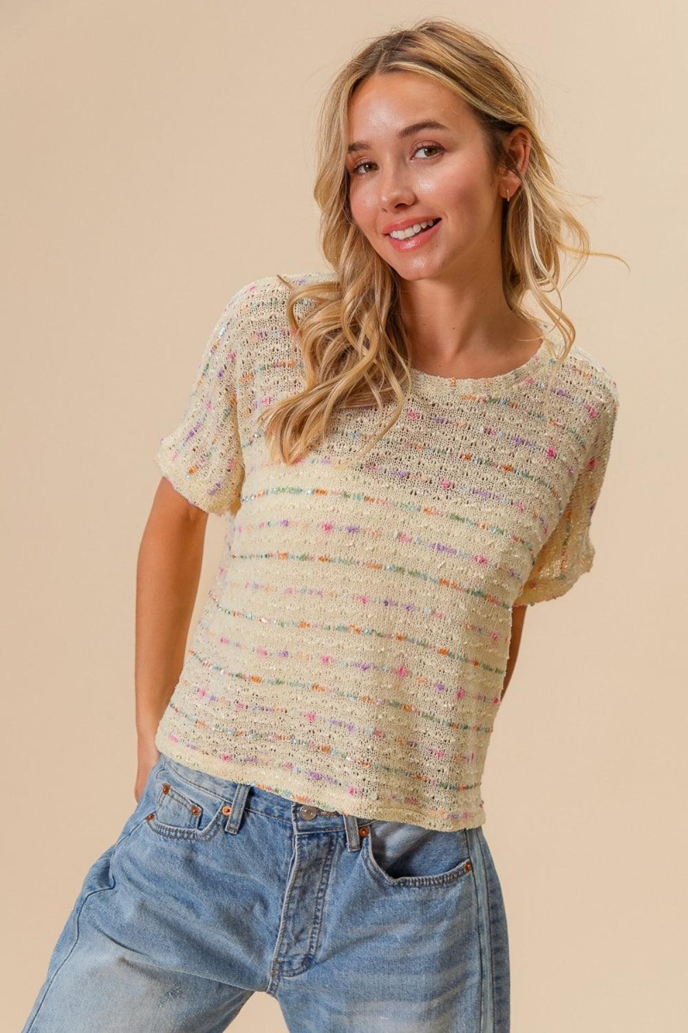 BiBi Striped Popcorn Knit Top - Divasha