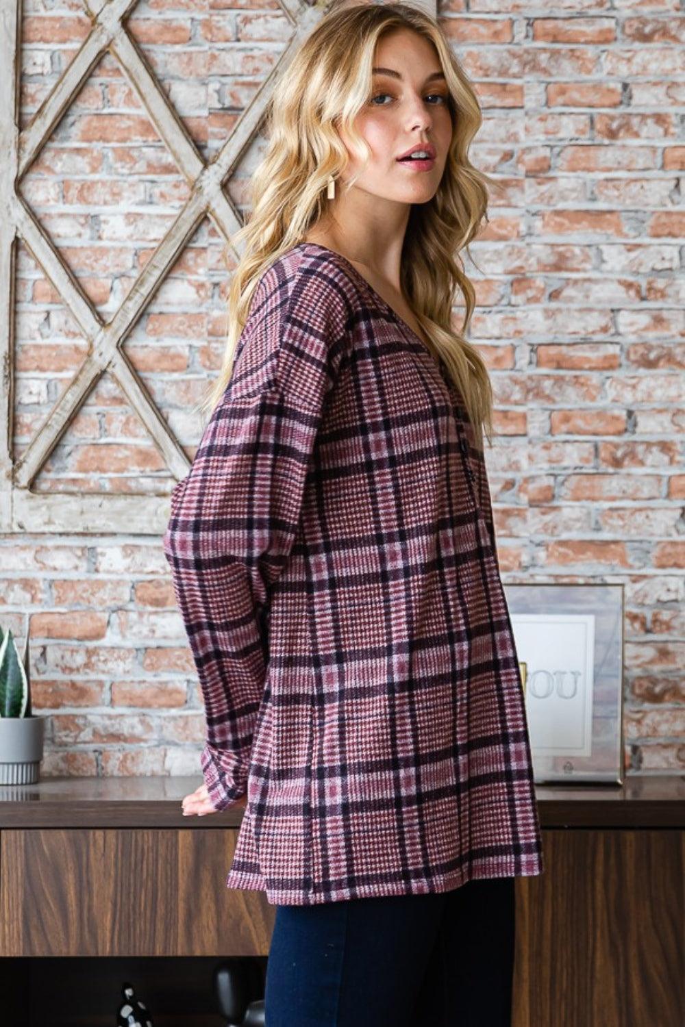 Heimish Full Size Plaid V-Neck Long Sleeve Top - Divasha