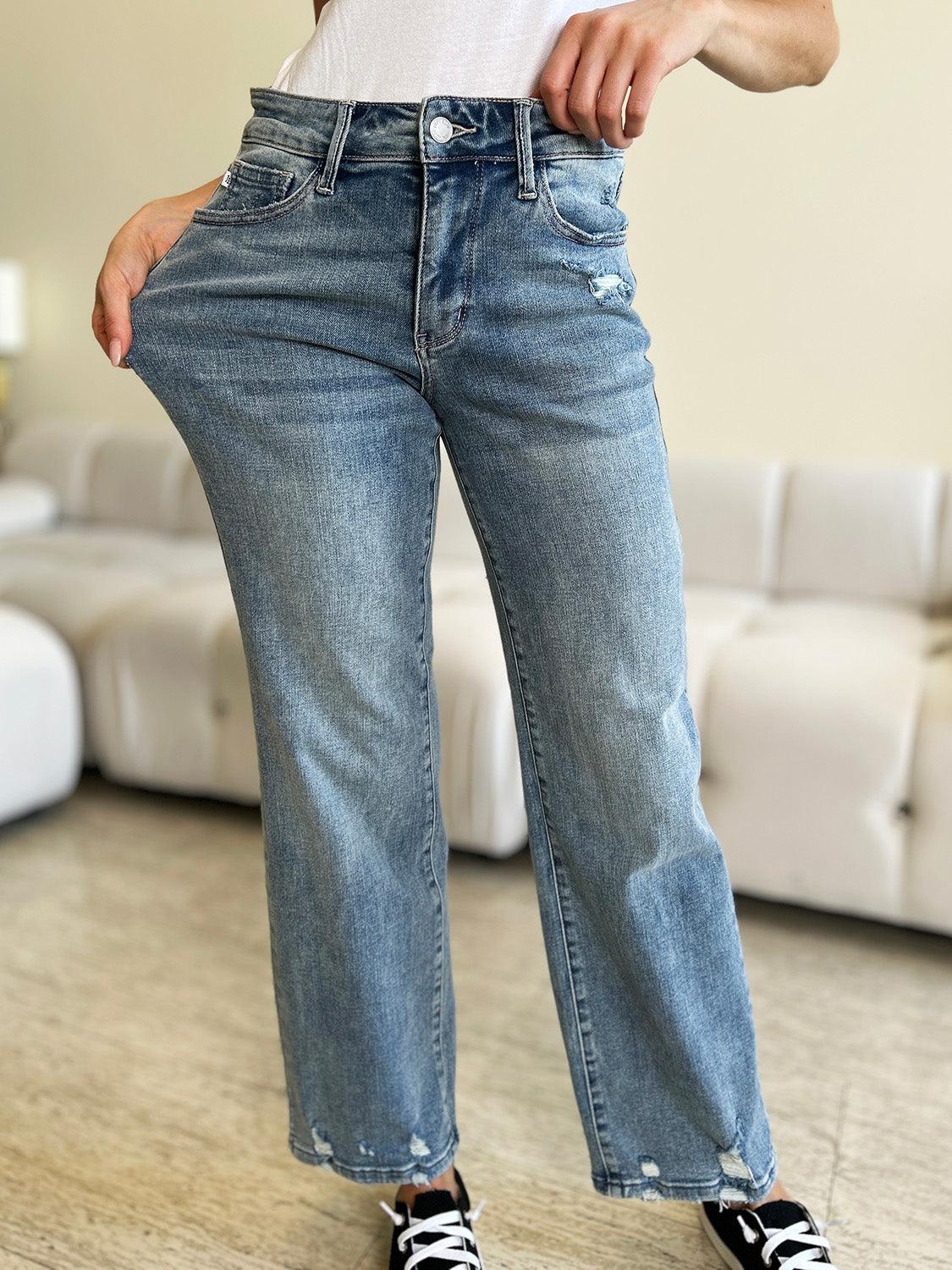 Judy Blue Full Size Mid Rise Distressed Straight Jeans - Divasha