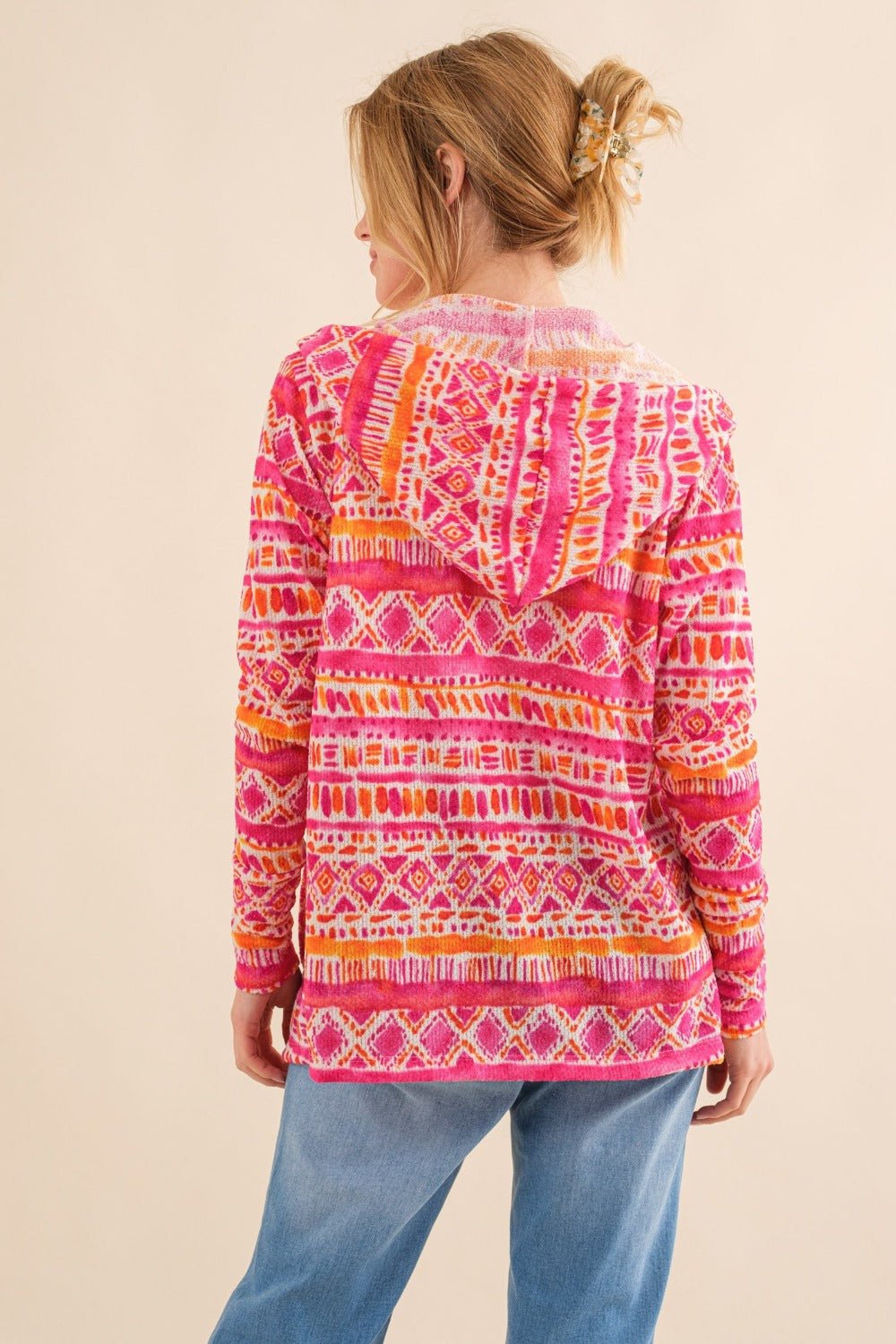 And The Why Full Size Printed Thermal Hooded Open Front Cardigan - Divasha