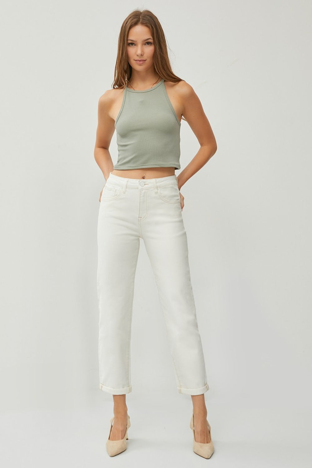 RISEN Full Size High Waist Rolled Hem Straight Jeans - Divasha