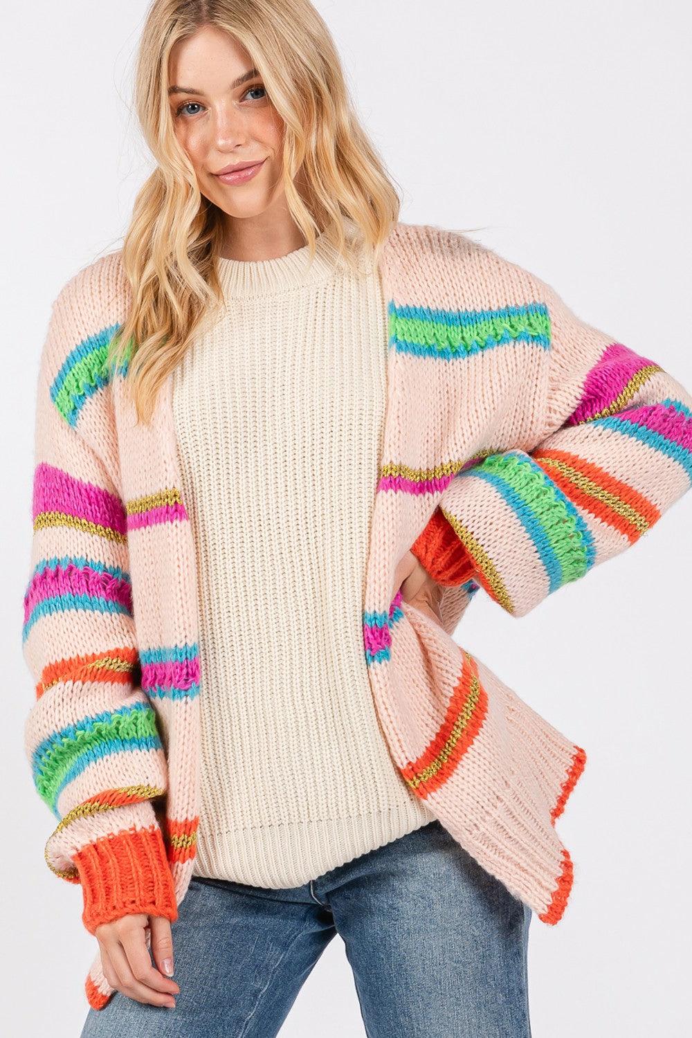 SAGE + FIG Rainbow Striped Open Front Knit Cardigan - Divasha