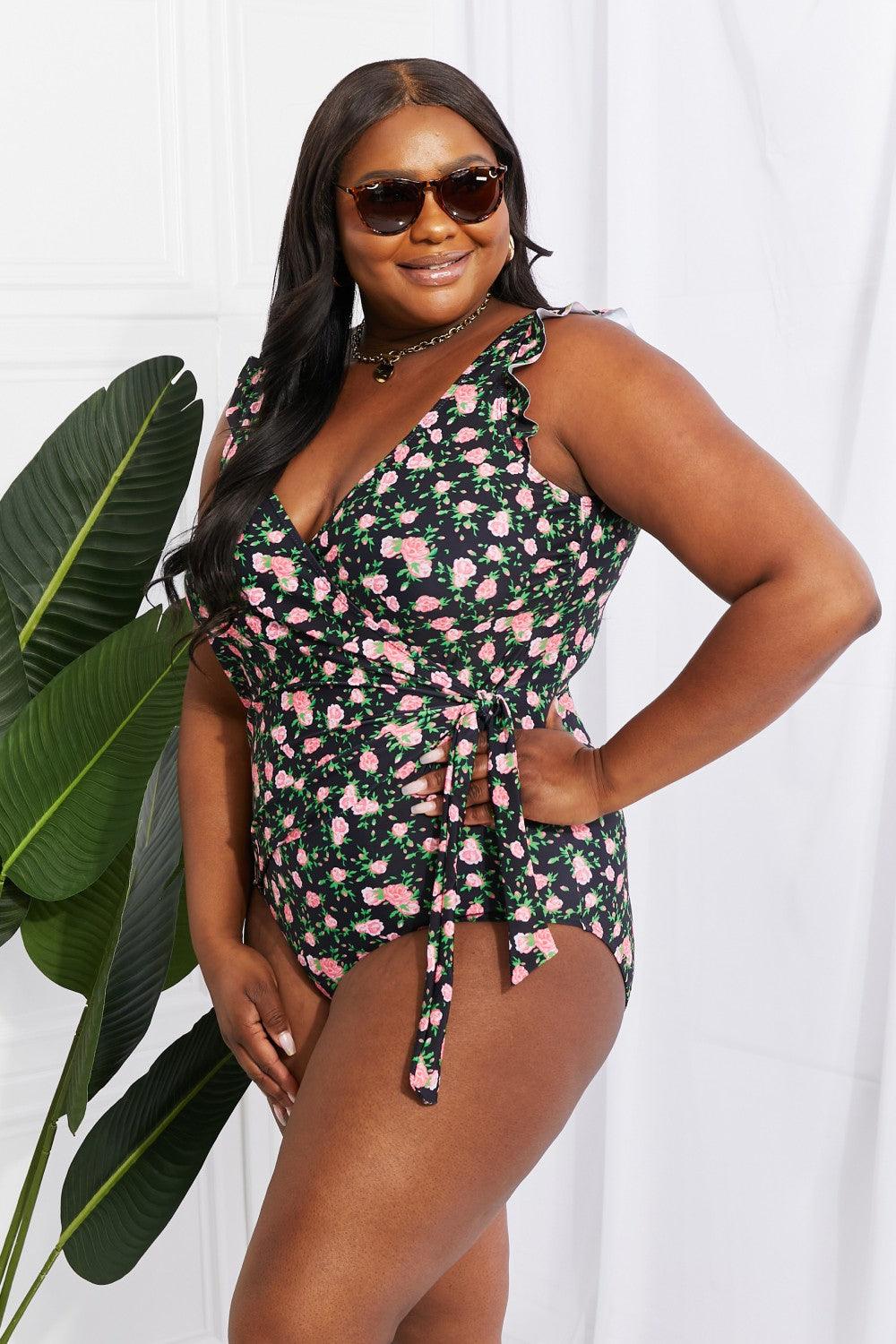 Marina West Swim Full Size Float On Ruffle Faux Wrap One-Piece in Floral - Divasha