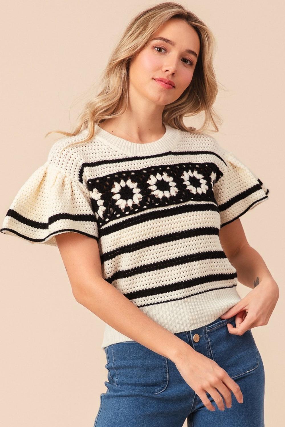 BiBi Granny Square Short Sleeve Striped Sweater - Divasha