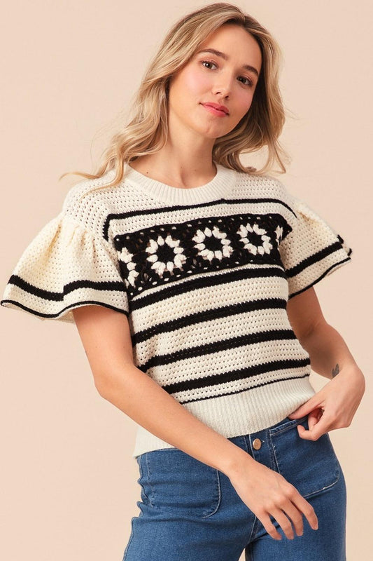 BiBi Granny Square Short Sleeve Striped Sweater - Divasha