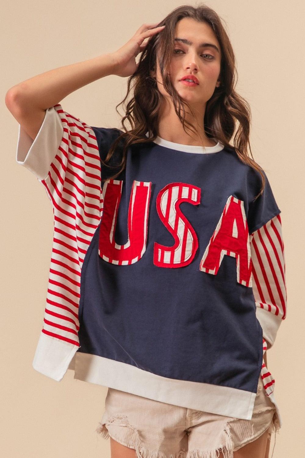 BiBi USA Letter Patchwork Contrast Short Sleeve T-Shirt - Divasha