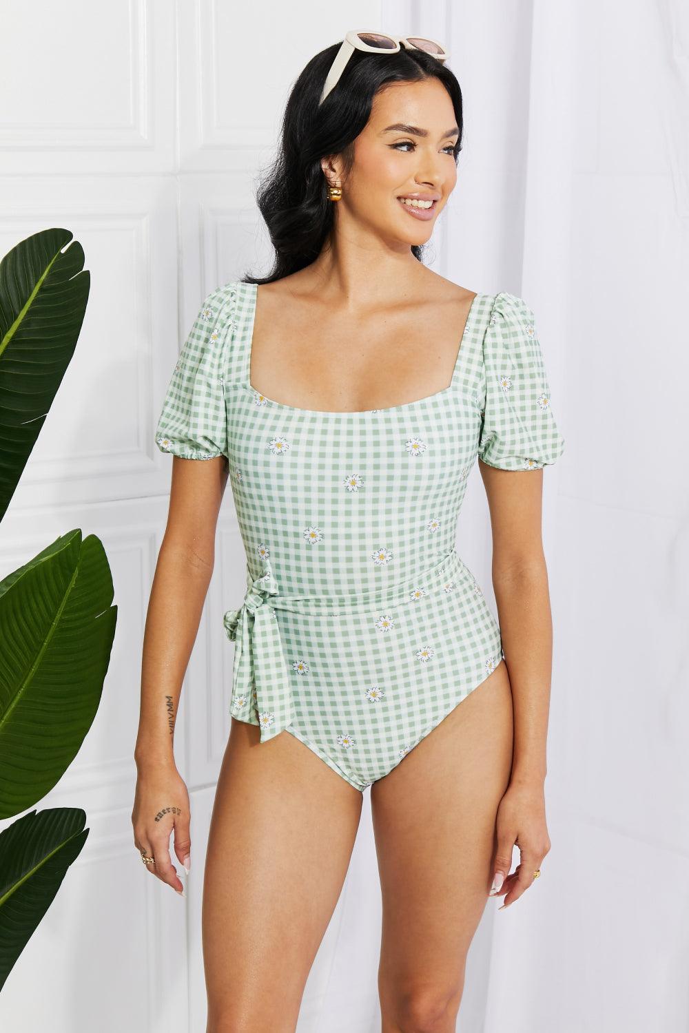 Marina West Swim Salty Air Puff Sleeve One-Piece in Sage - Divasha