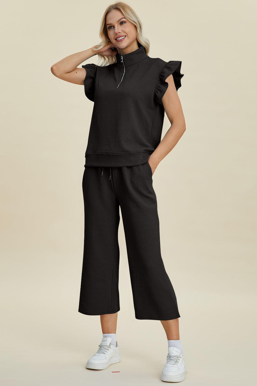 Double Take Full Size Texture Ruffle Short Sleeve Top and Wide Leg Pants Set - Divasha