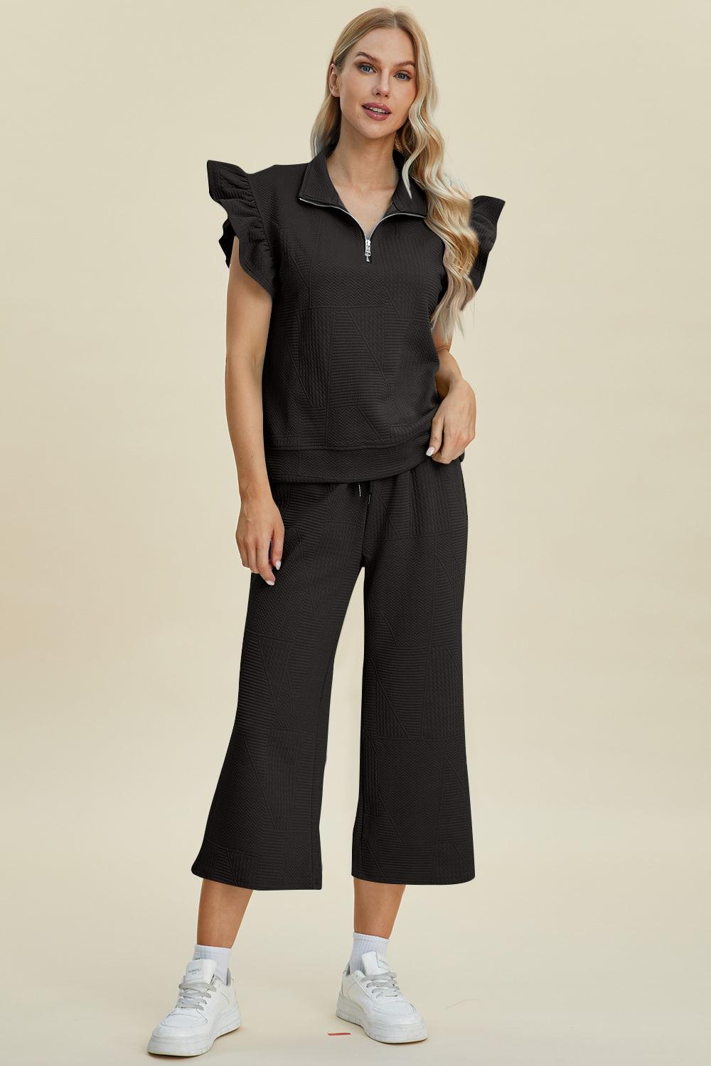 Double Take Full Size Texture Ruffle Short Sleeve Top and Wide Leg Pants Set - Divasha