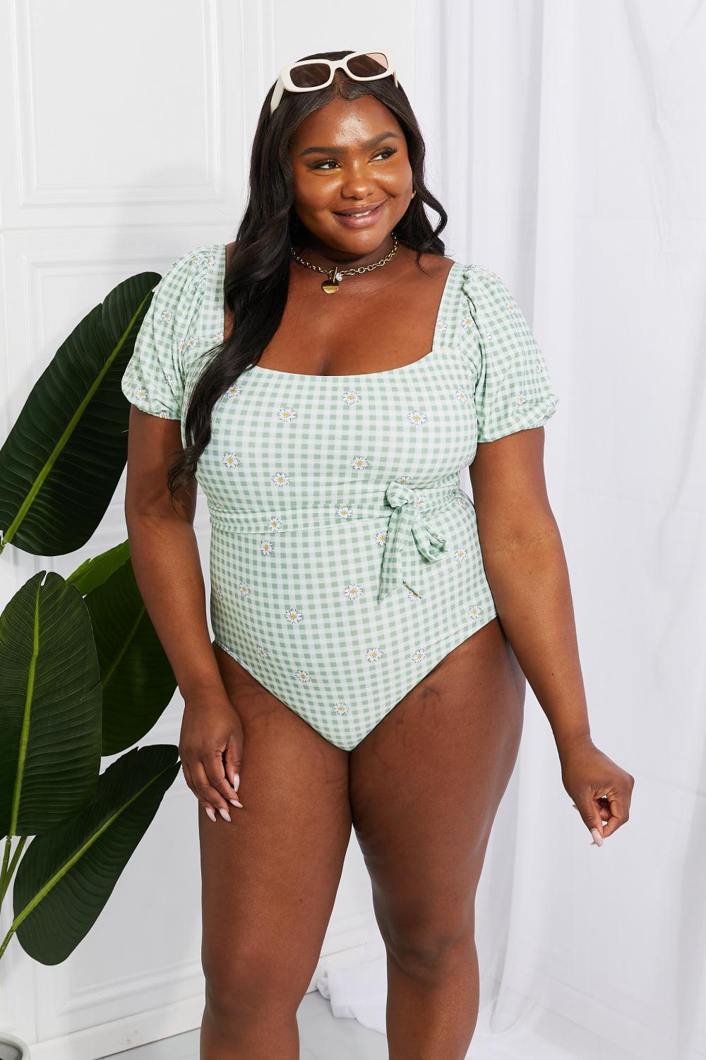 Marina West Swim Salty Air Puff Sleeve One-Piece in Sage - Divasha