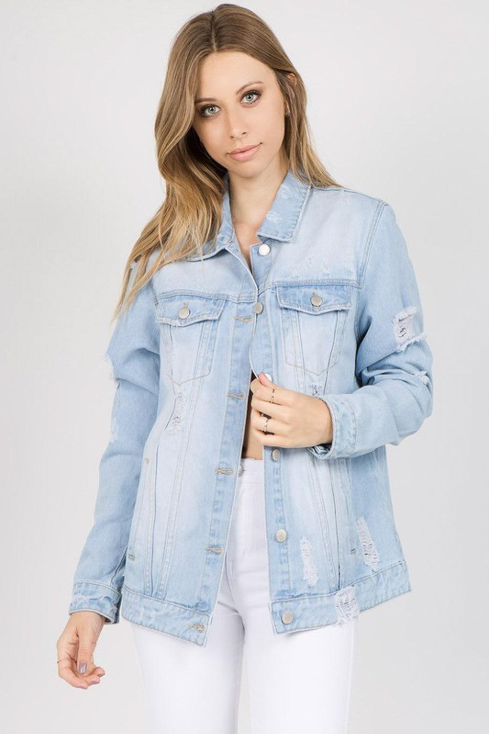 American Bazi Letter Patched Distressed Denim Jacket - Divasha