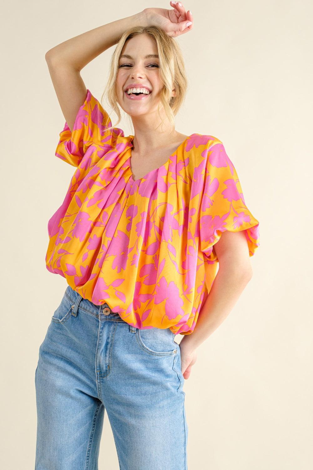 And The Why Full Size Printed Satin Bubble Hem Top - Divasha