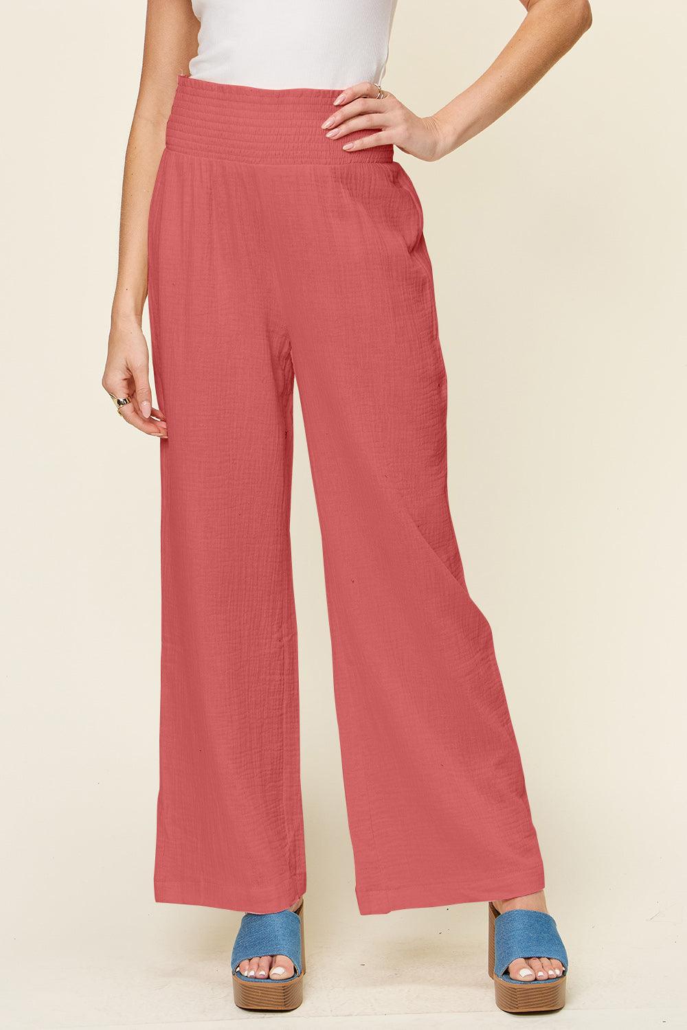 Double Take Full Size Texture Smocked Waist Wide Leg Pants - Divasha