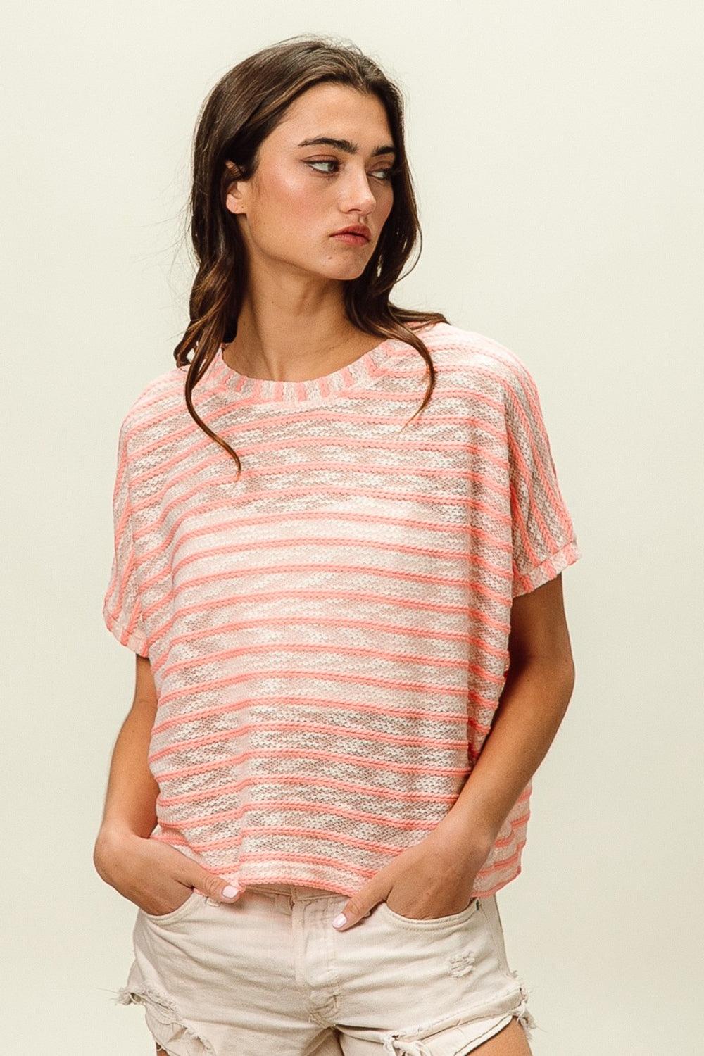 BiBi Braid Striped Short Sleeve Round Neck T-Shirt - Divasha