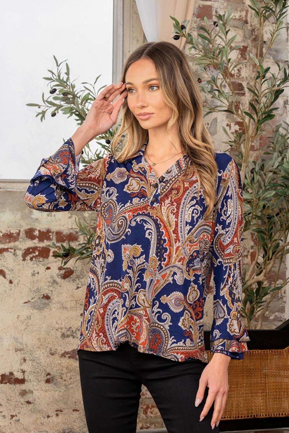 Sew In Love Full Size Wrinkle Free Paisley Print Long Sleeve Top - Divasha