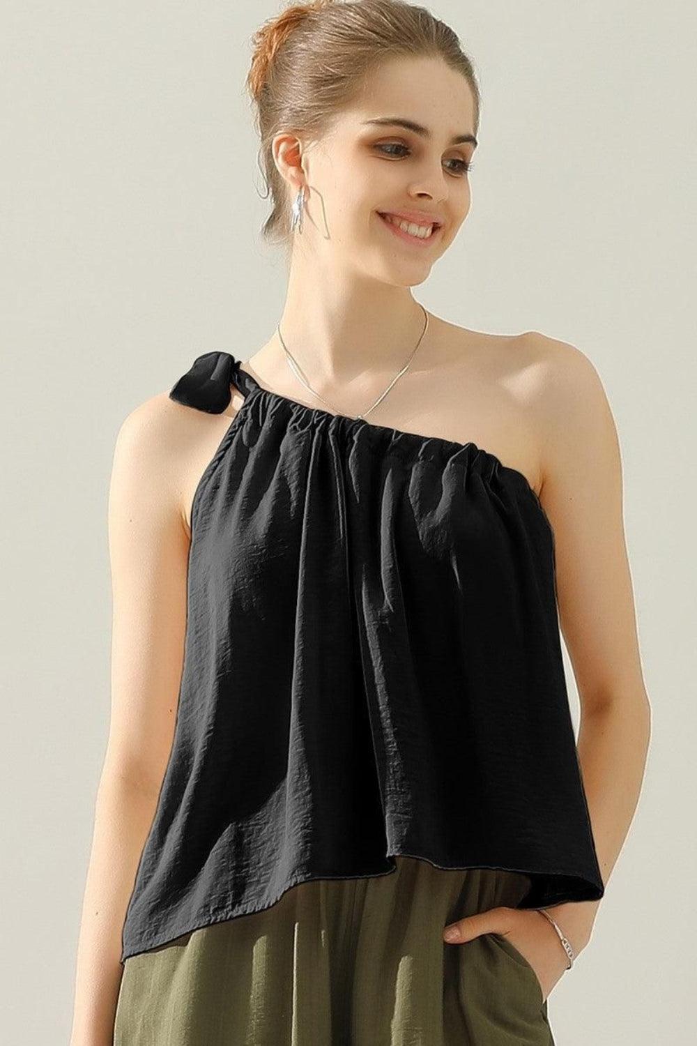 Ninexis One Shoulder Bow Tie Strap Satin Silk Top - Divasha