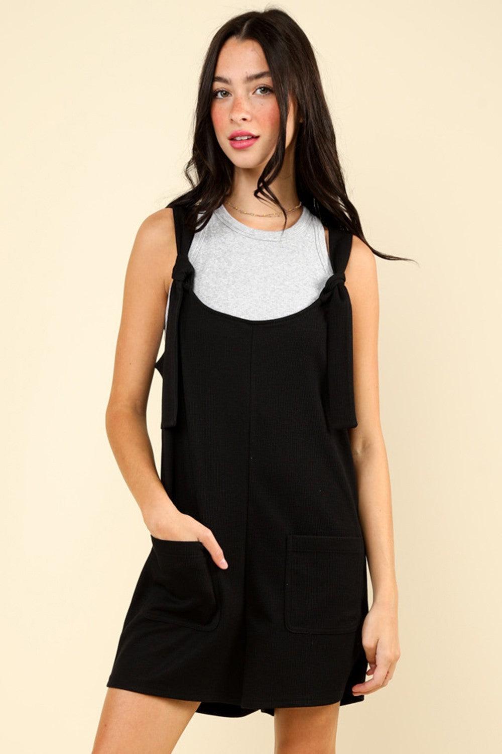 VERY J Tie Shoulder Front Pocket Romper - Divasha