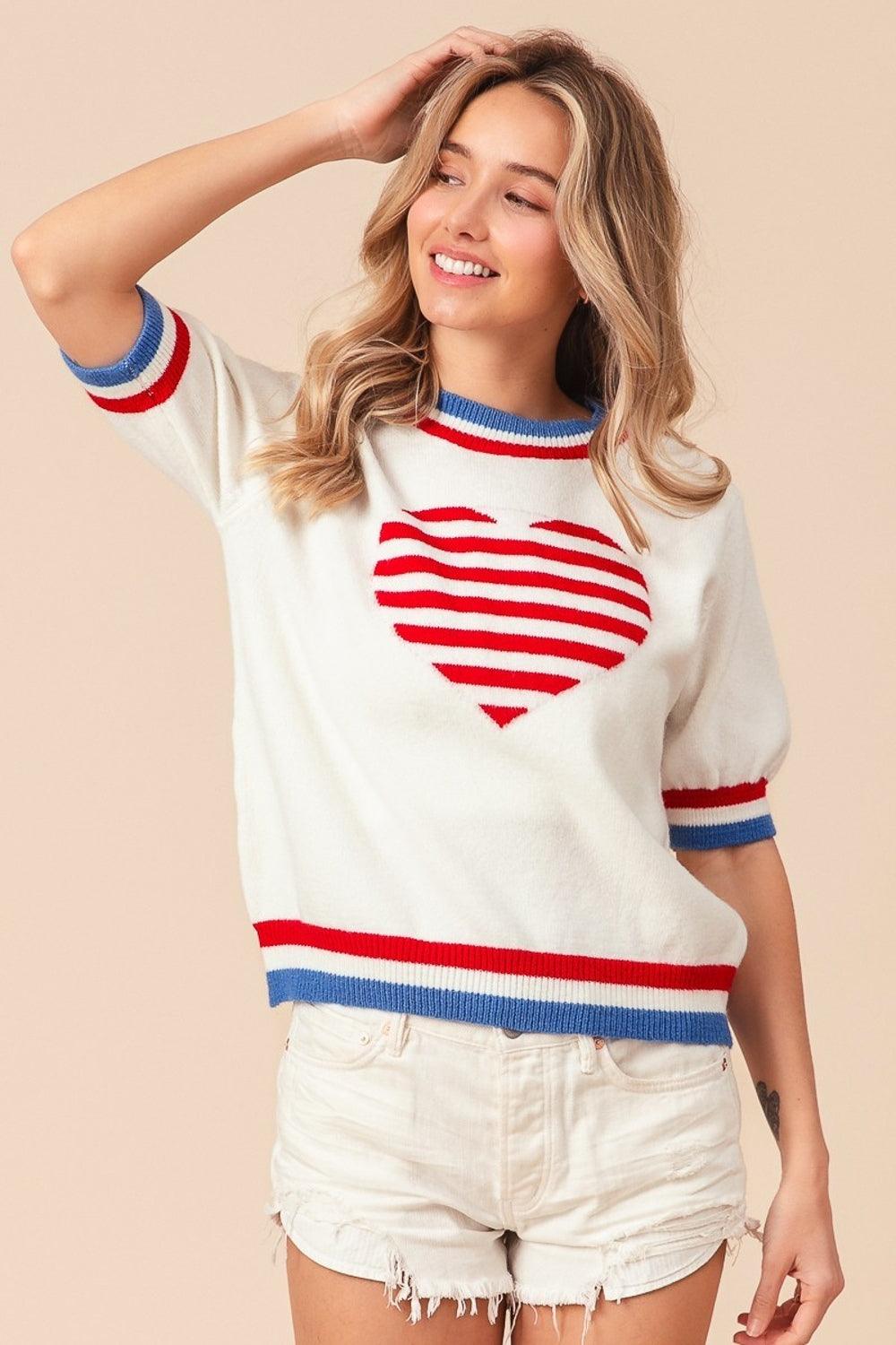 BiBi US Flag Theme Striped Heart Sweater - Divasha