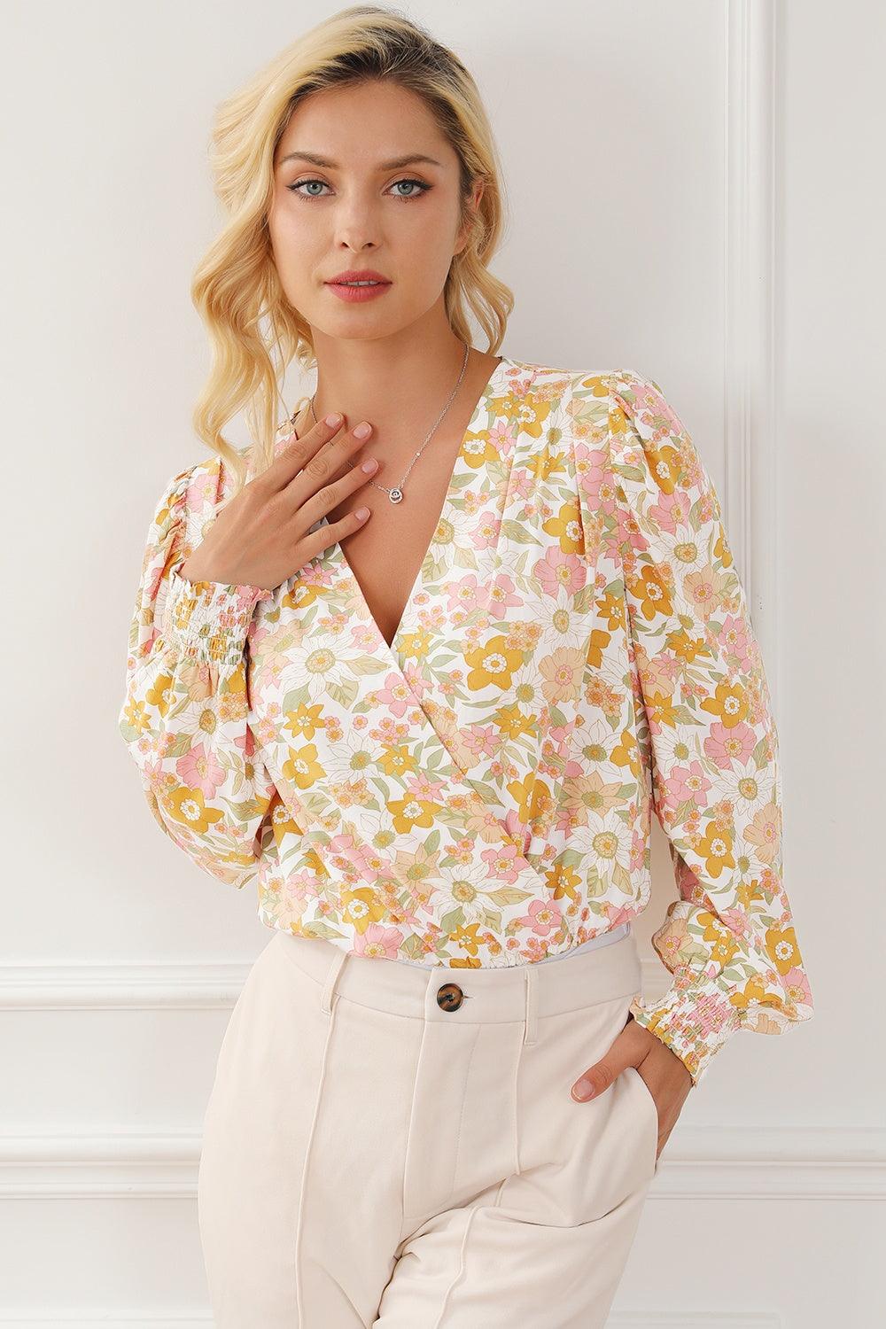 Floral Surplice Lantern Sleeve Bodysuit - Divasha