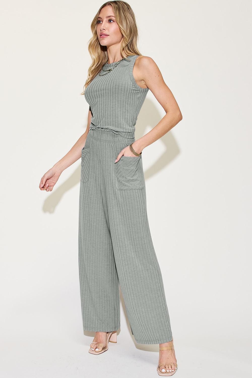 Basic Bae Full Size Ribbed Tank and Wide Leg Pants Set - Divasha