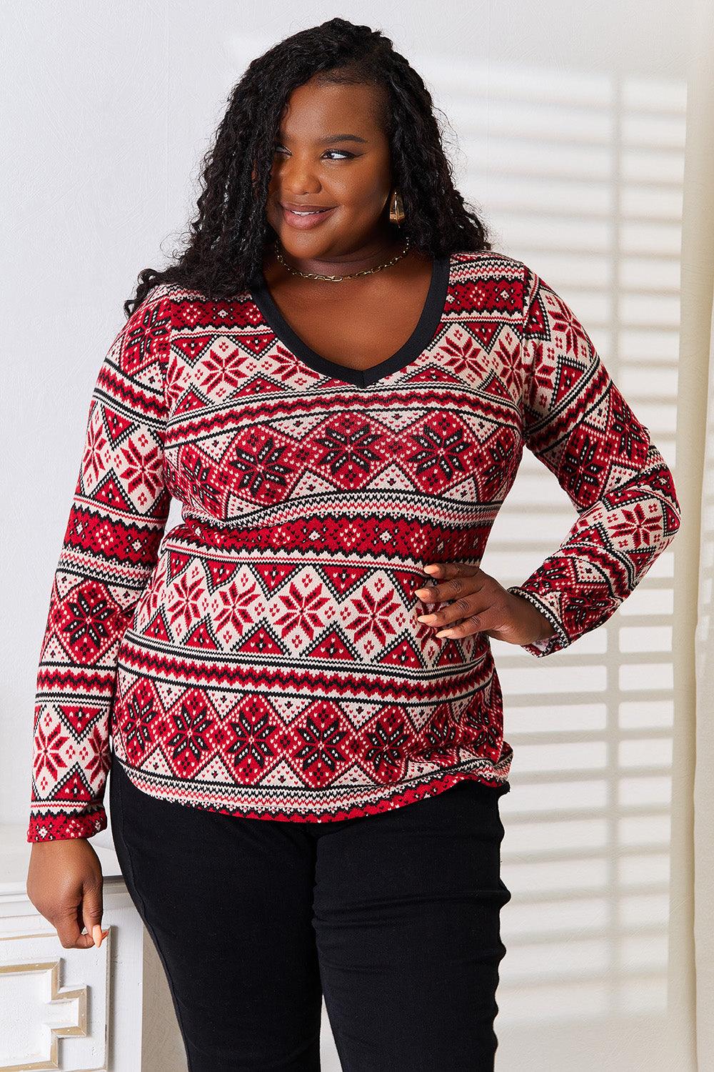 Heimish Full Size Snowflake Print Long Sleeve Top - Divasha