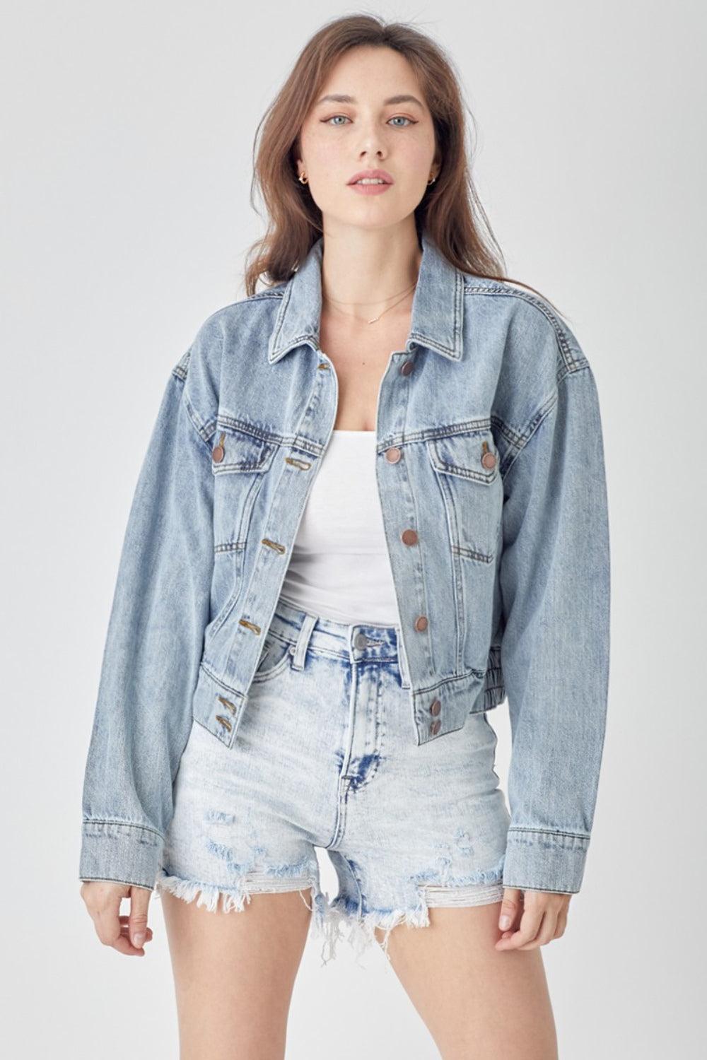 RISEN Full Size Button Down Cropped Denim Jacket - Divasha