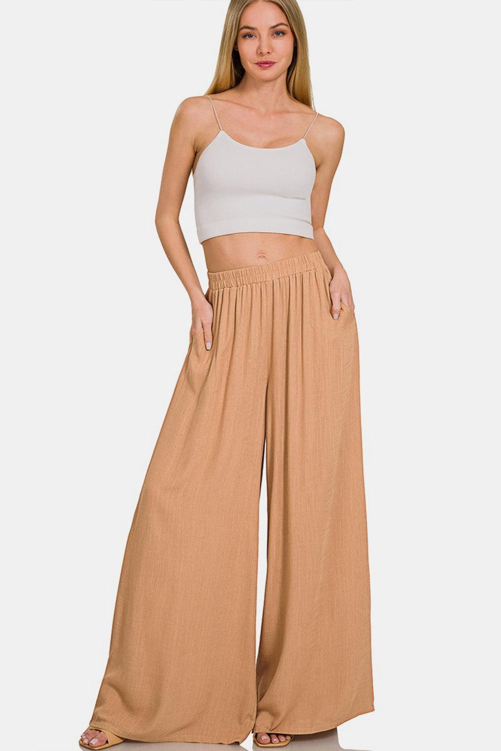 Zenana Pleated Linen Blend Wide Leg Pants - Divasha