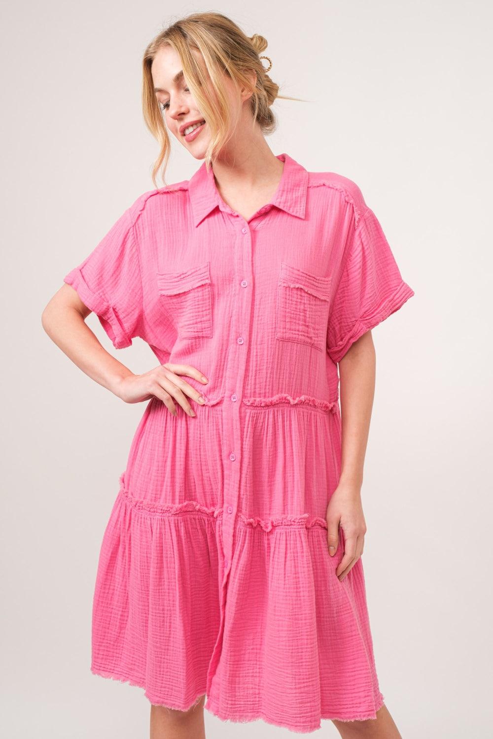 And The Why Full Size Raw Edge Washed Tiered Shirt Dress - Divasha