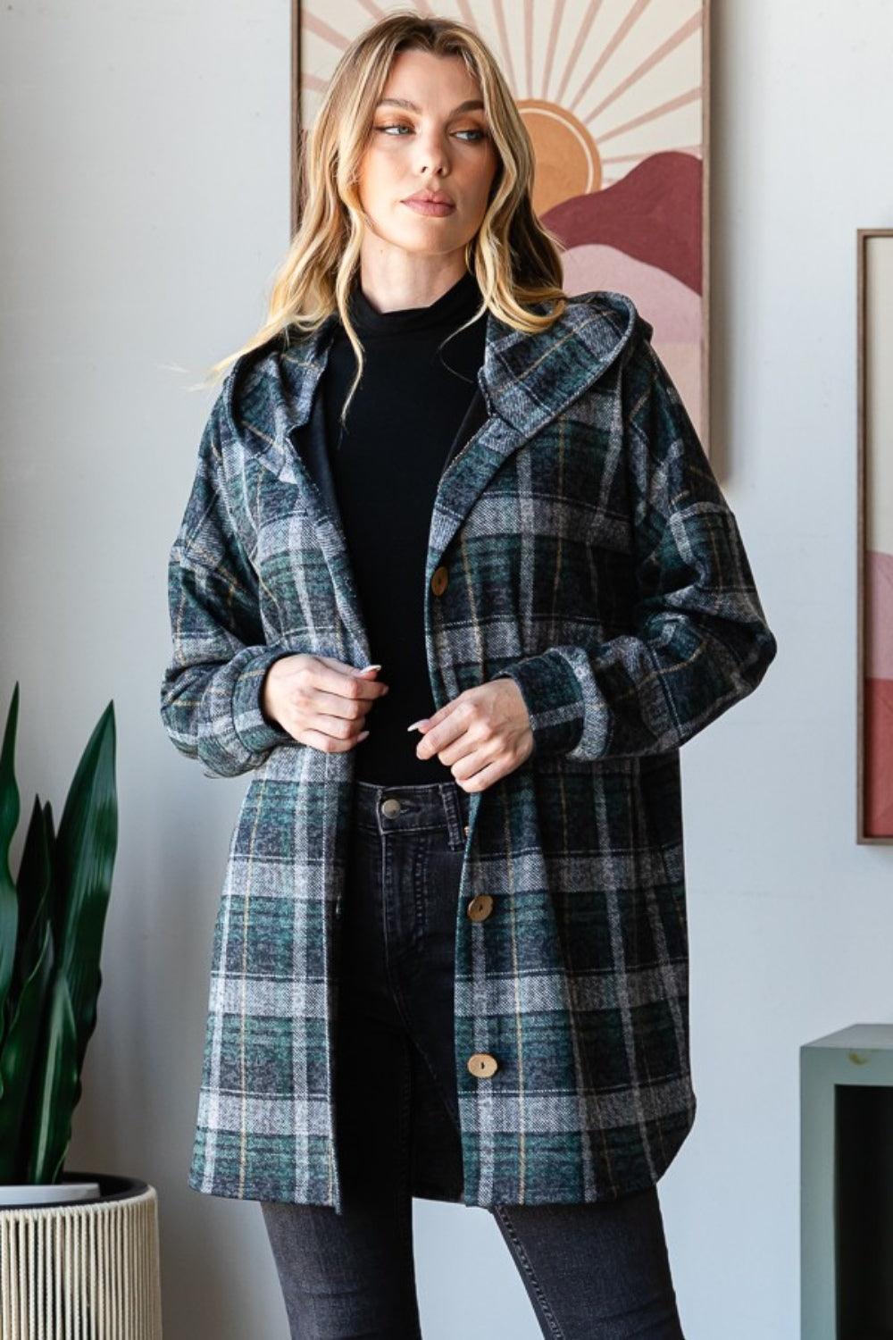 Heimish Plaid Button Down Long Sleeve Hooded Cardigan - Divasha