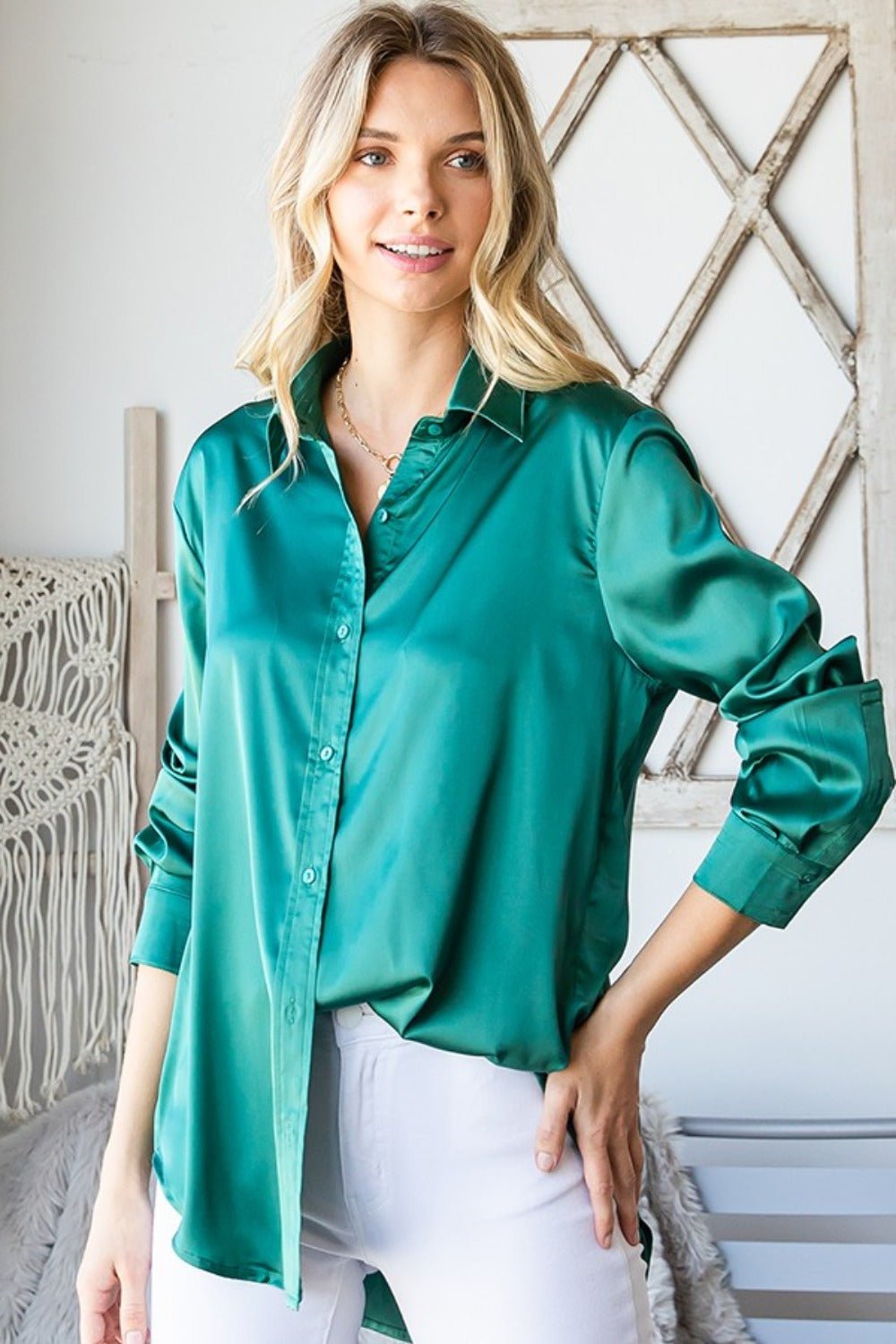 First Love Satin Long Sleeve Button Down Shirt - Divasha