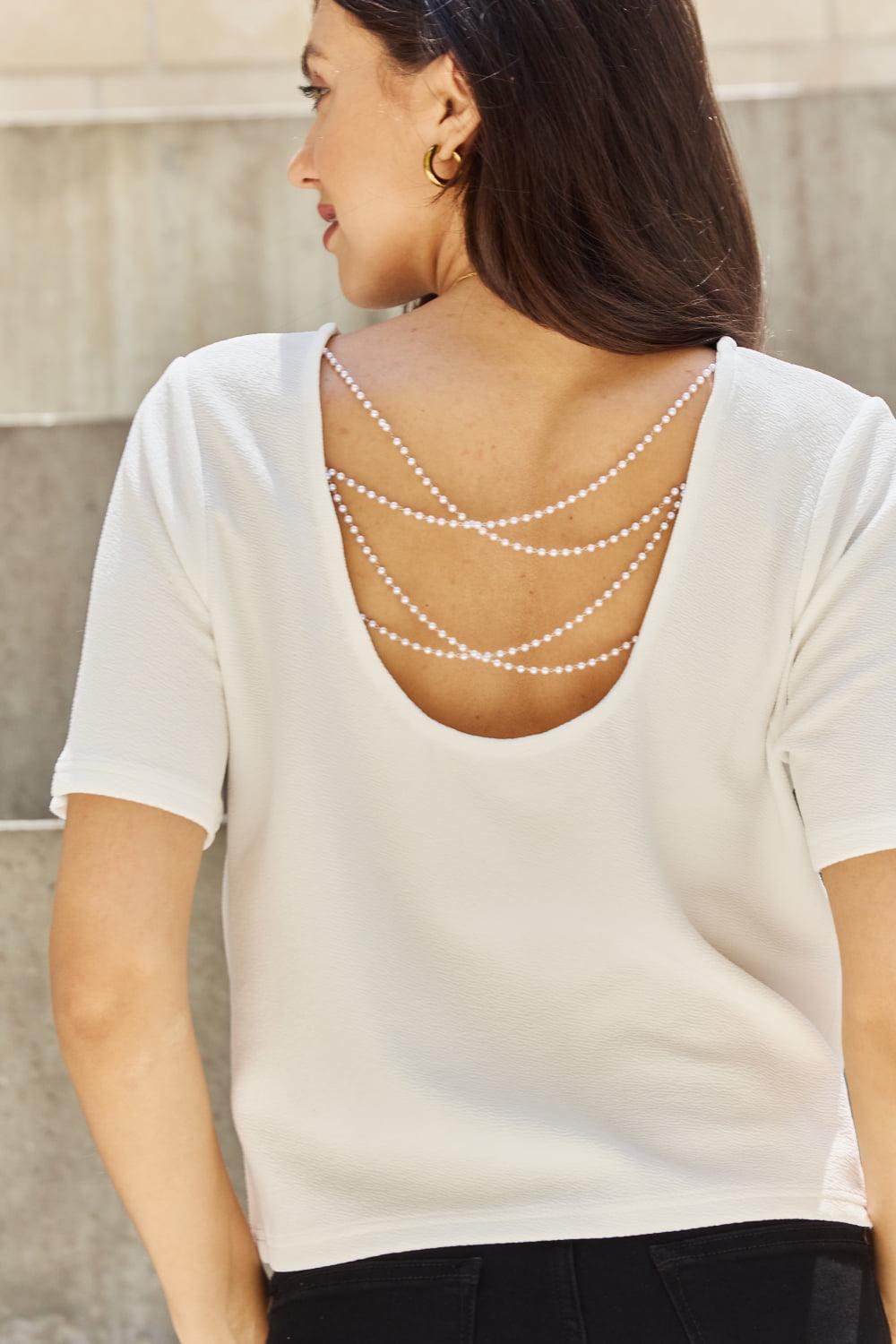 And The Why Pearly White Full Size Criss Cross Pearl Detail Open Back T-Shirt - Divasha