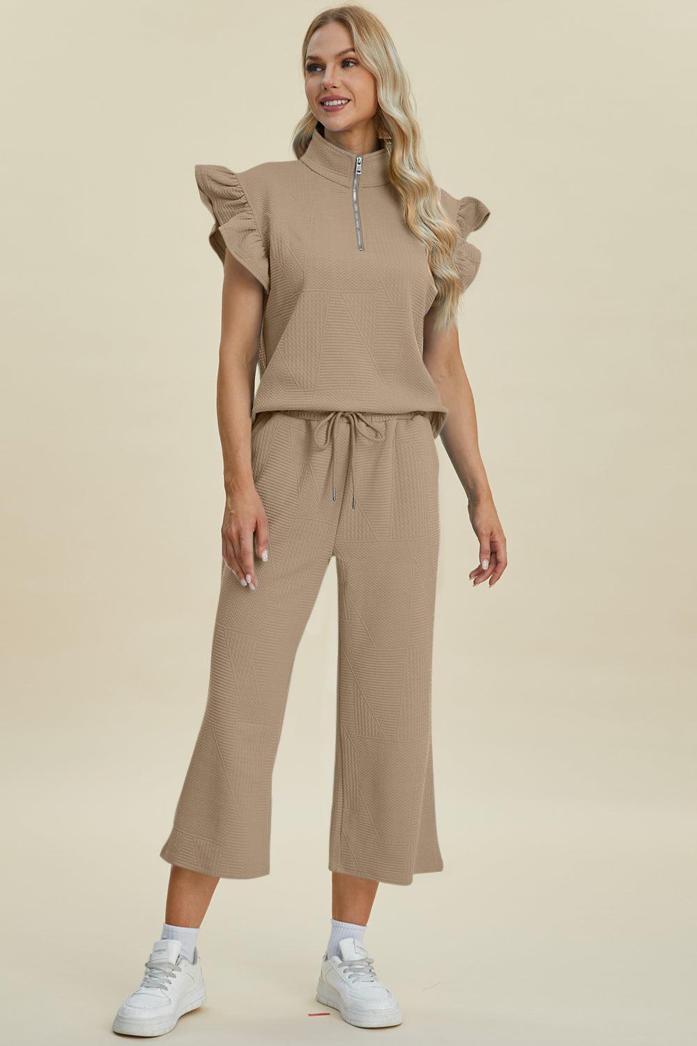 Double Take Full Size Texture Ruffle Short Sleeve Top and Wide Leg Pants Set - Divasha