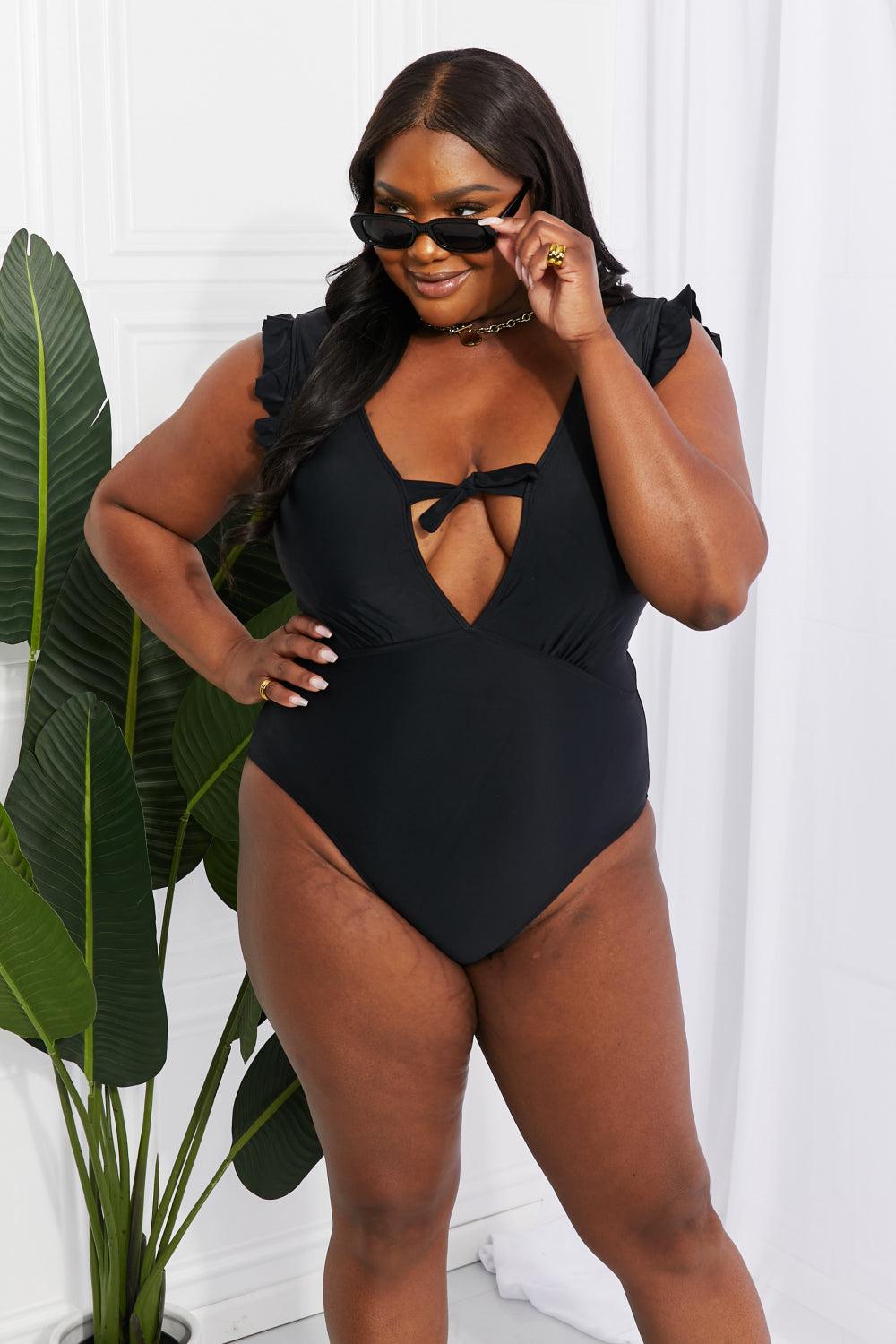 Marina West Swim Seashell Ruffle Sleeve One-Piece in Black - Divasha