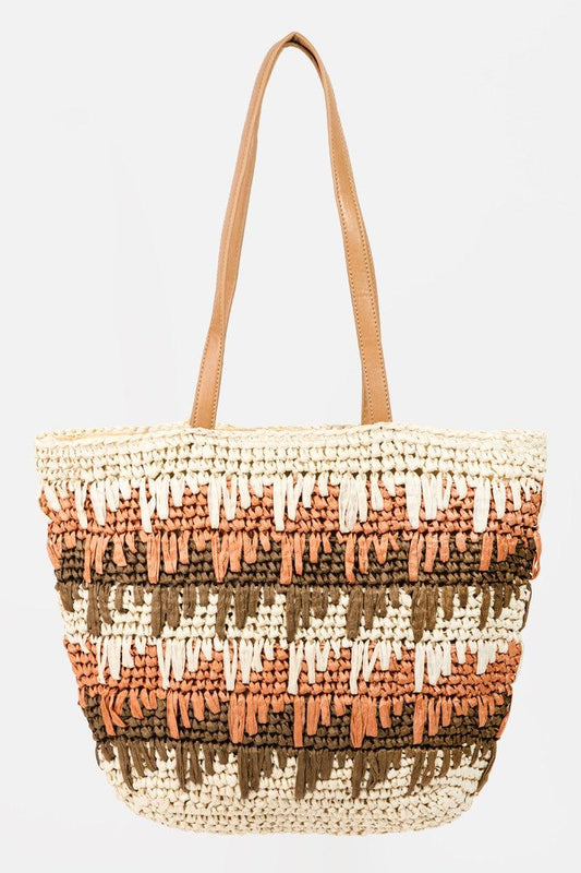 Fame Straw Braided Striped Tote Bag - Divasha