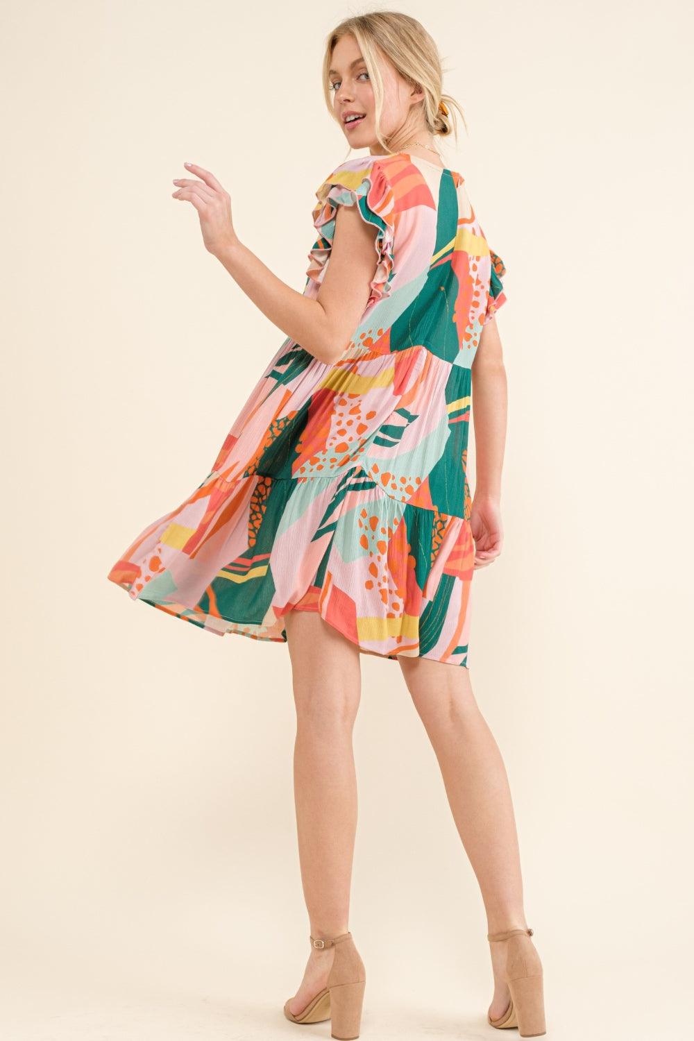 And The Why Printed Double Ruffle Sleeve Dress - Divasha