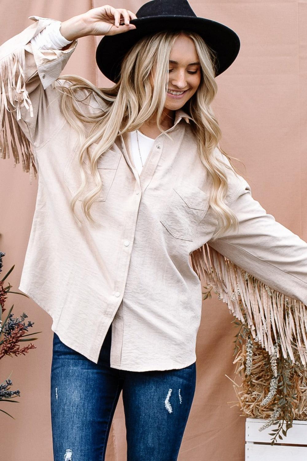 And The Why Full Size Fringe Back Detailed Button Down Shacket - Divasha