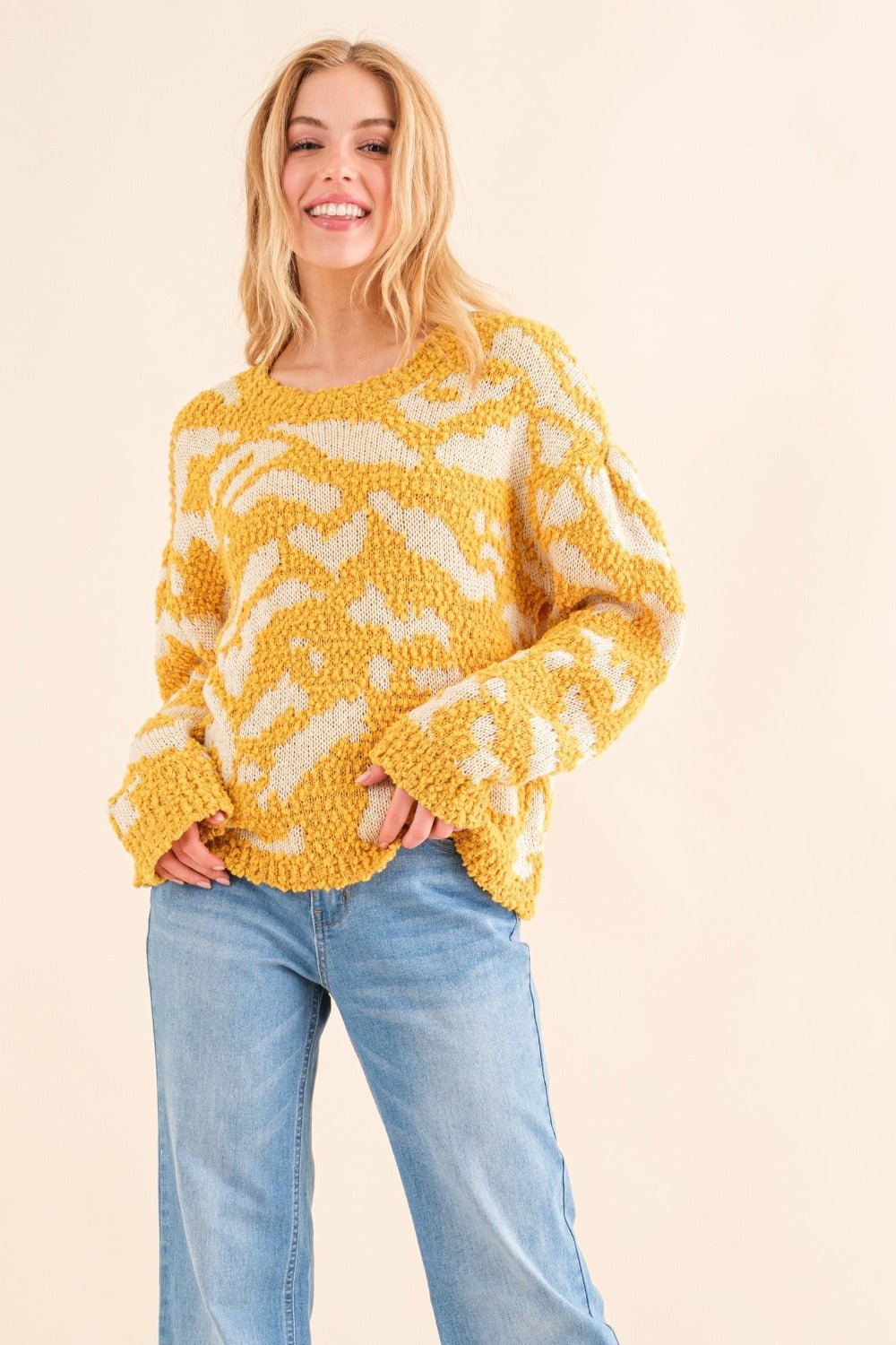 And The Why Full Size Textured Pattern Contrast Sweater - Divasha