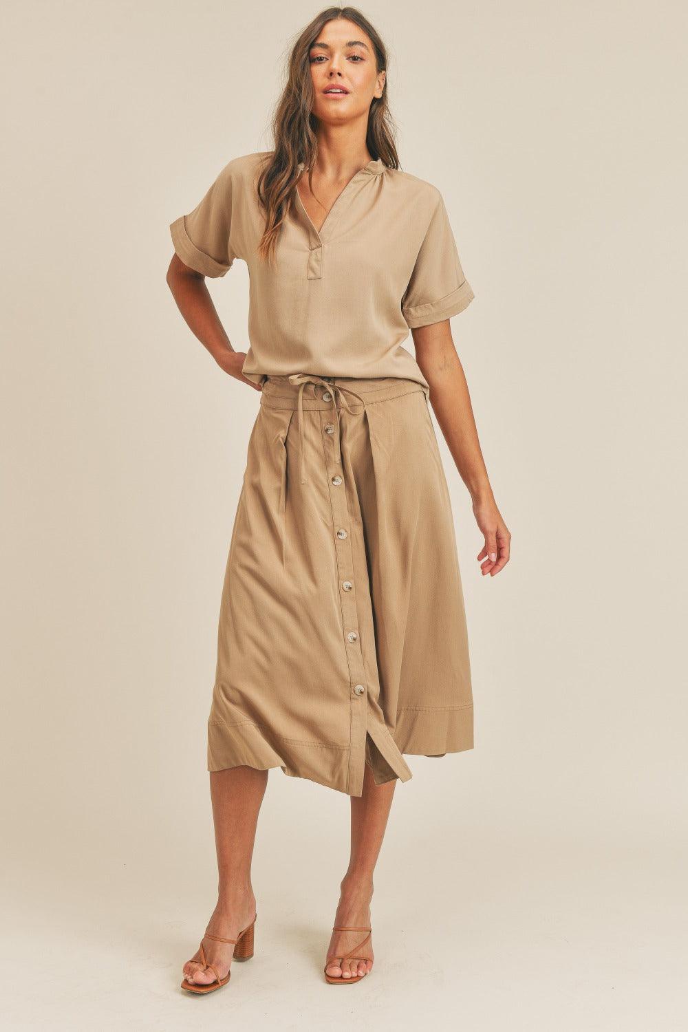 MABLE Short Sleeve Top and Button Down Midi Skirt Set - Divasha