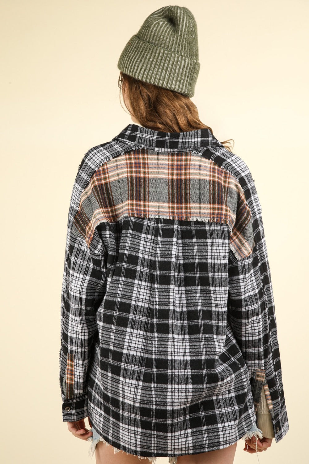 VERY J Contrast Plaid Raw Detail Shirt - Divasha