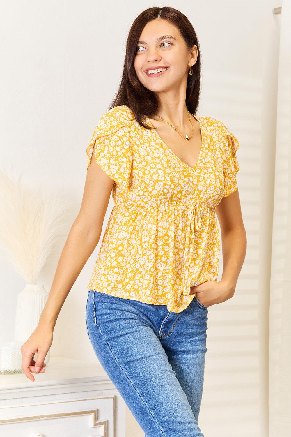 Floral Petal Sleeve Babydoll Top - Divasha