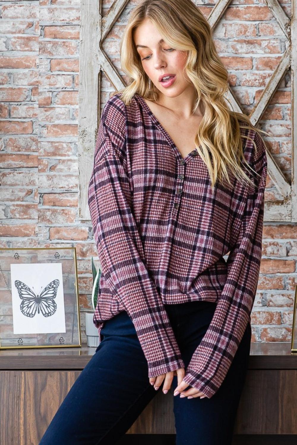 Heimish Full Size Plaid V-Neck Long Sleeve Top - Divasha