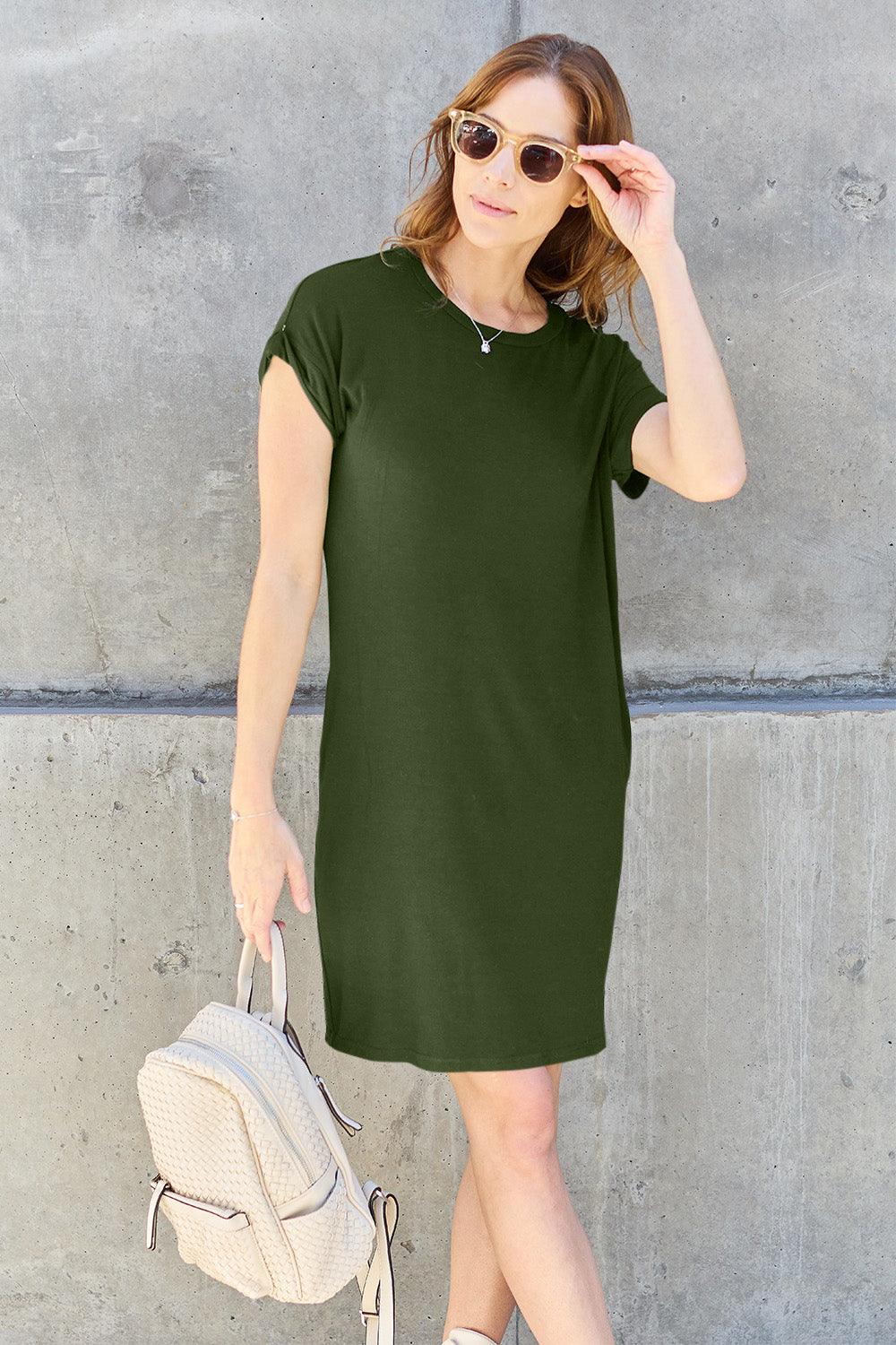 Basic Bae Full Size Round Neck Short Sleeve Dress with Pockets - Divasha