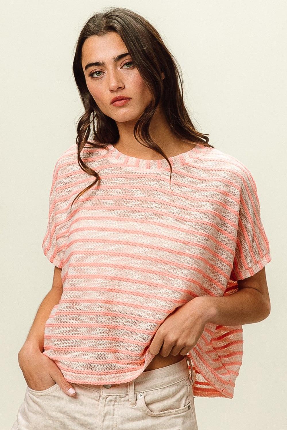 BiBi Braid Striped Short Sleeve Round Neck T-Shirt - Divasha