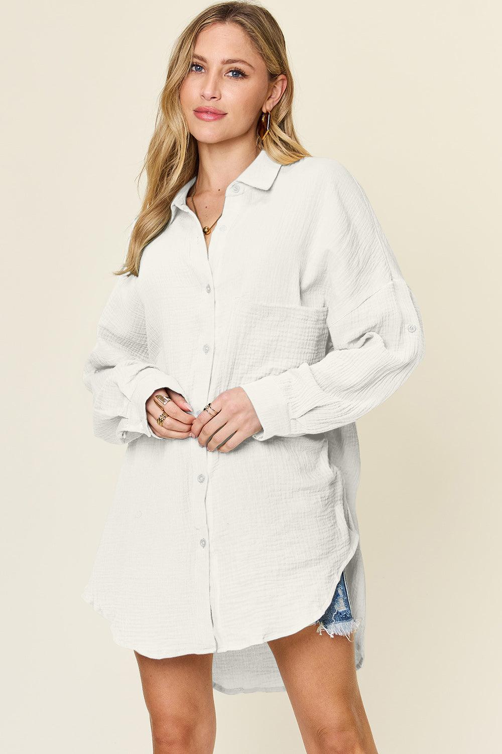 Double Take Full Size Pocketed Texture Button Up Shirt - Divasha