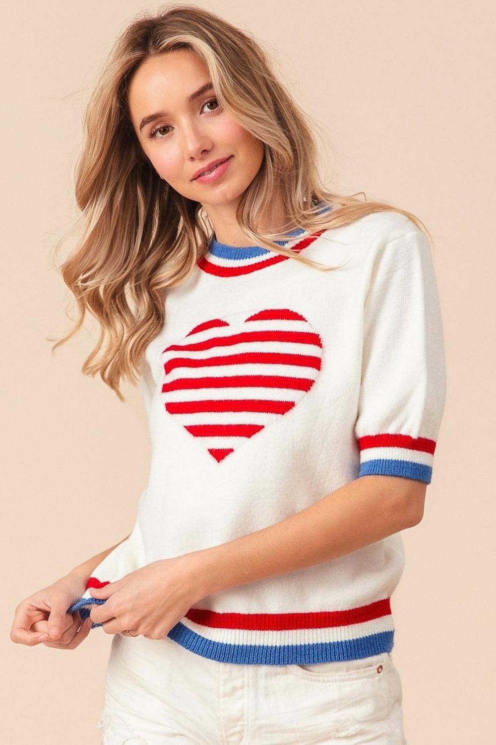 BiBi US Flag Theme Striped Heart Sweater - Divasha