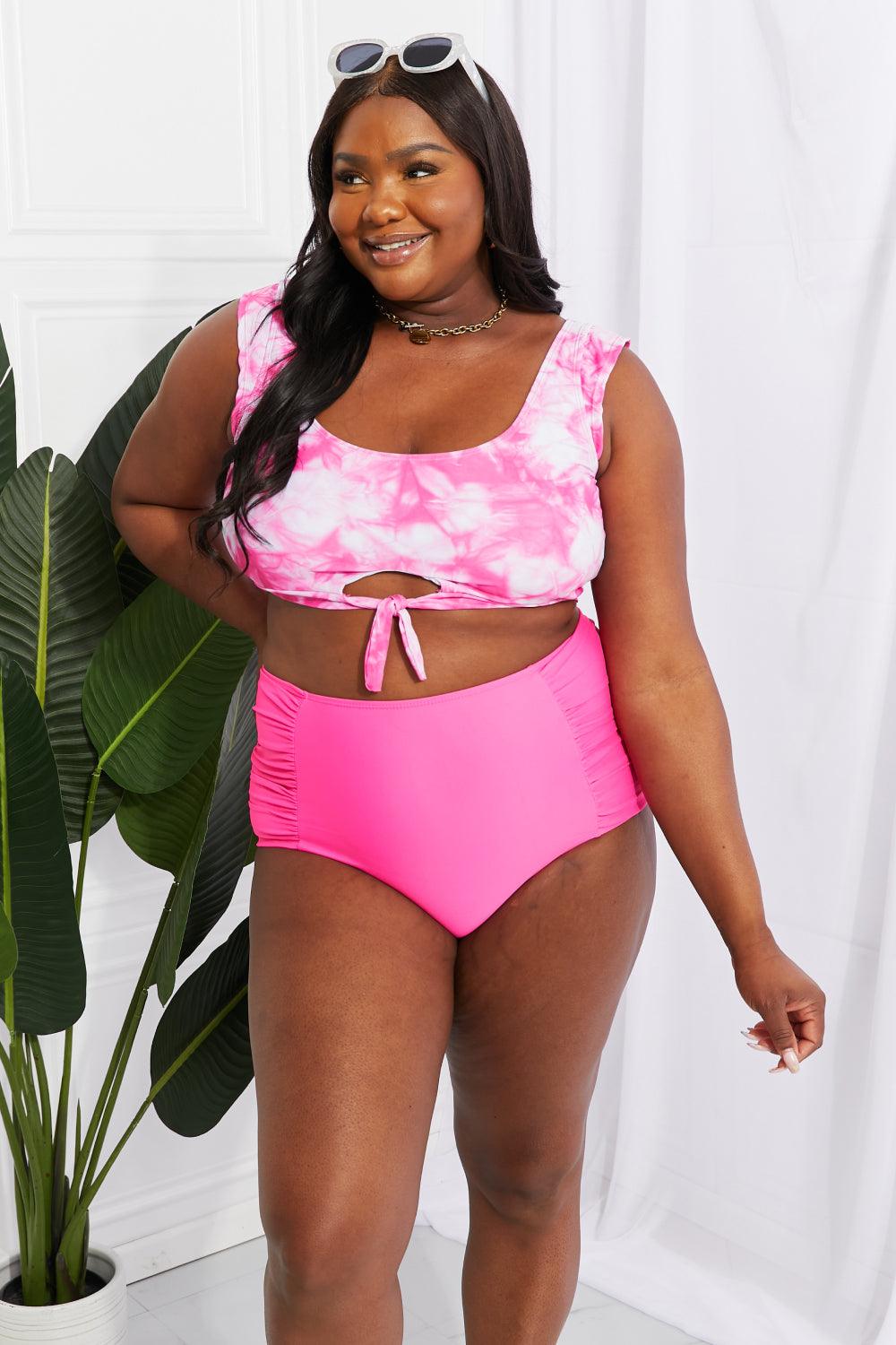 Marina West Swim Sanibel Crop Swim Top and Ruched Bottoms Set in Pink - Divasha