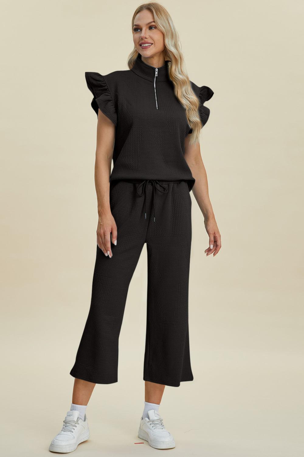 Double Take Full Size Texture Ruffle Short Sleeve Top and Wide Leg Pants Set - Divasha