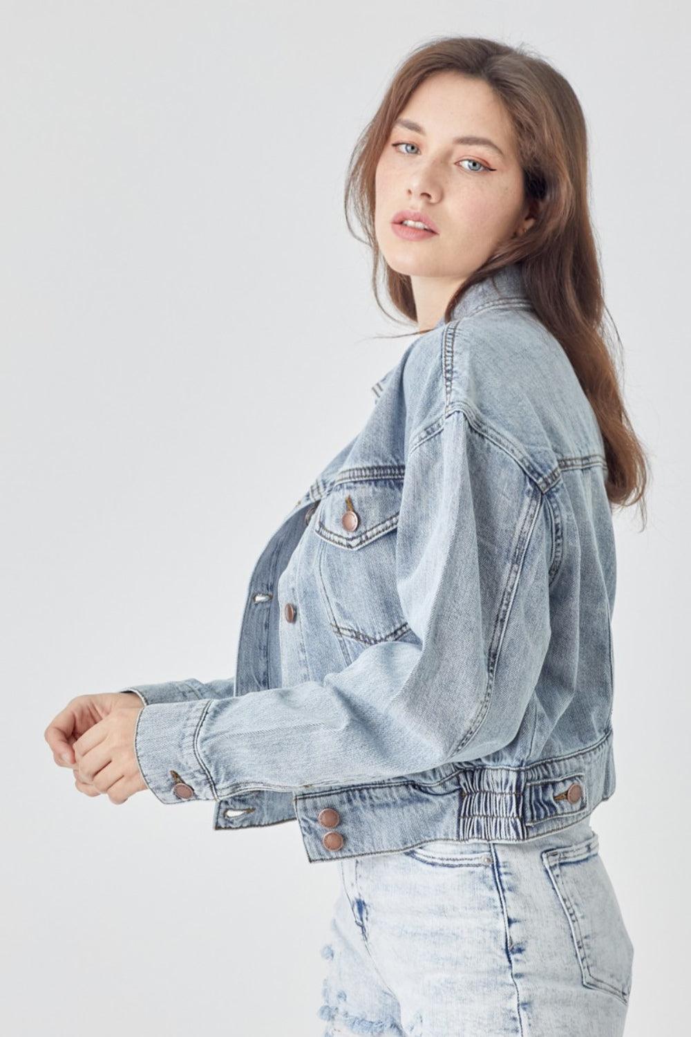 RISEN Full Size Button Down Cropped Denim Jacket - Divasha